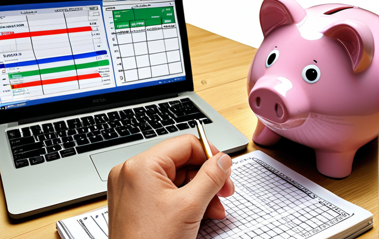 Budgeting & Tracking**
*Prompt:* A person looking thoughtfully at a budget spreadsheet on a laptop, highlighting areas of spending. Emphasize clarity and control. Background includes a traditional notebook with handwritten expenses, symbolizing both old and new methods. A piggy bank sits nearby.
**