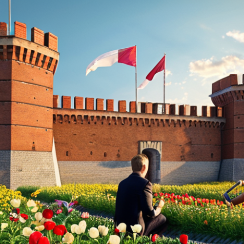 Home 22 **
Prompt: "A sturdy, brick fortress representing financial security, with Polish flags subtly incorporated. In the foreground, a family is planting flowers (representing growth) around the fortress. The sky is clear and blue. Golden light."
**