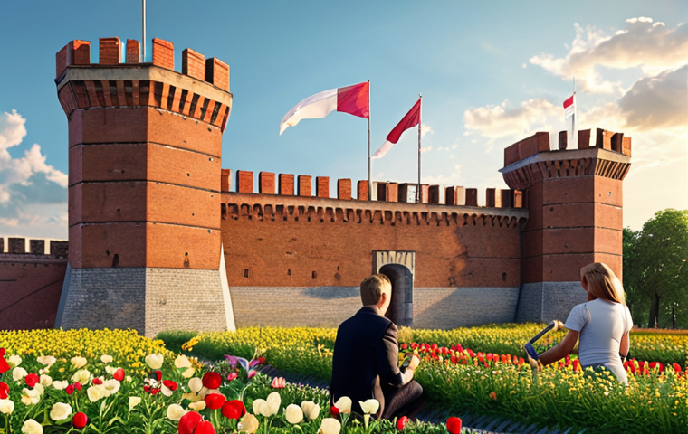 **
Prompt: "A sturdy, brick fortress representing financial security, with Polish flags subtly incorporated. In the foreground, a family is planting flowers (representing growth) around the fortress. The sky is clear and blue. Golden light."
**