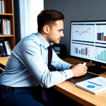 A focused financial analyst, Polish ethnicity, in a modern, well-lit home office. Dressed in modest business casual attire, such as a neat button-down shirt and trousers. Sitting comfortably at a sleek wooden desk, surrounded by minimalist decor. On the desk, a large monitor displays complex financial charts and a digital budgeting application. A notebook and pen are neatly placed beside a cup of coffee. The background features a blurred bookshelf with finance-related books, hinting at knowledge and organization. Calm, professional, and indicative of deep thought and analytical work. High-resolution, professional photography, soft studio lighting, sharp focus, perfect anatomy, correct proportions, natural pose, well-formed hands, proper finger count, natural body proportions, safe for work, appropriate content, fully clothed, professional, modest clothing, appropriate attire, professional dress, family-friendly.