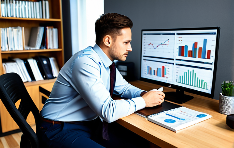 A focused financial analyst, Polish ethnicity, in a modern, well-lit home office. Dressed in modest business casual attire, such as a neat button-down shirt and trousers. Sitting comfortably at a sleek wooden desk, surrounded by minimalist decor. On the desk, a large monitor displays complex financial charts and a digital budgeting application. A notebook and pen are neatly placed beside a cup of coffee. The background features a blurred bookshelf with finance-related books, hinting at knowledge and organization. Calm, professional, and indicative of deep thought and analytical work. High-resolution, professional photography, soft studio lighting, sharp focus, perfect anatomy, correct proportions, natural pose, well-formed hands, proper finger count, natural body proportions, safe for work, appropriate content, fully clothed, professional, modest clothing, appropriate attire, professional dress, family-friendly.