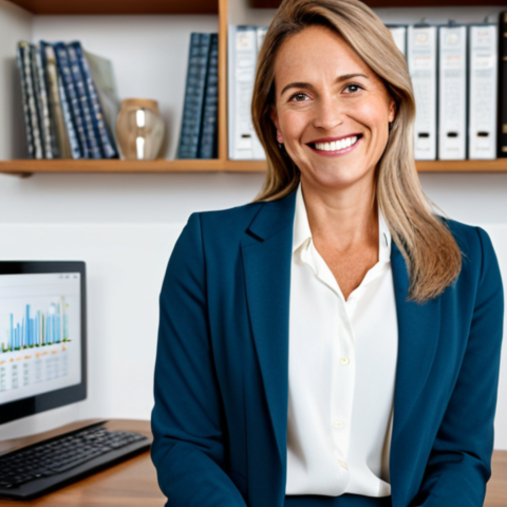 **
A woman in her late 30s, fully clothed in a professional business casual outfit (blazer, blouse, trousers), sitting at a modern desk in a bright, minimalist home office. She's smiling and looking confidently at the camera. The background includes bookshelves and a laptop displaying a financial chart. safe for work, appropriate content, perfect anatomy, natural proportions, professional, family-friendly, well-formed hands, proper finger count.
**