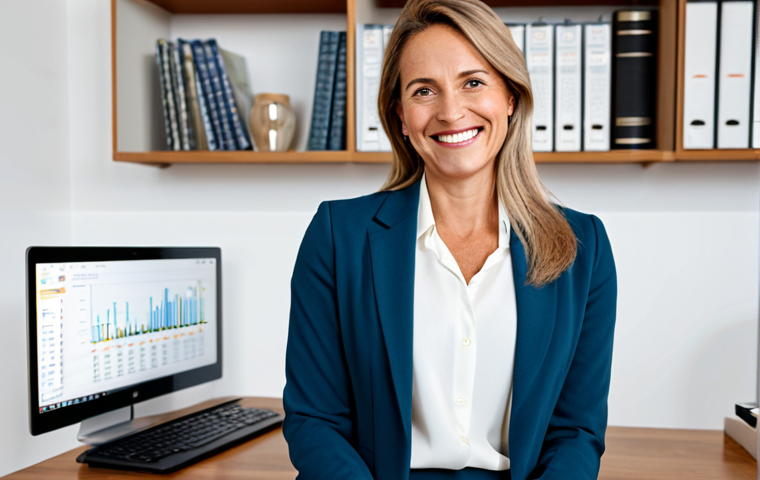**
A woman in her late 30s, fully clothed in a professional business casual outfit (blazer, blouse, trousers), sitting at a modern desk in a bright, minimalist home office. She's smiling and looking confidently at the camera. The background includes bookshelves and a laptop displaying a financial chart. safe for work, appropriate content, perfect anatomy, natural proportions, professional, family-friendly, well-formed hands, proper finger count.
**