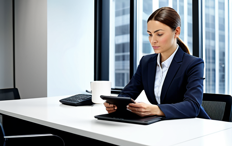 금융 독립을 위한 글로벌 경제 분석 - Businesswoman in a Modern Office**
"A professional businesswoman in a modest business suit, sitting...