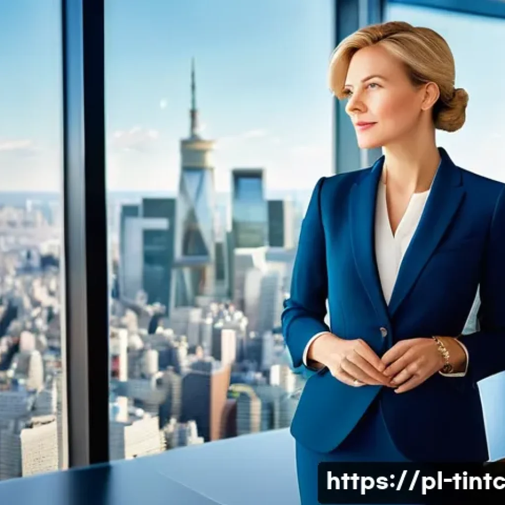 금융 독립을 위한 글로벌 투자 전략 - **Prompt:** "A professionally dressed Polish woman in her late 30s, wearing a chic business suit, st...