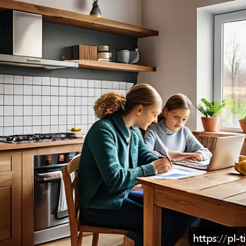 Home 17 금융 독립을 위한 불확실성에 대한 준비 전략 - A modern Polish family sitting around a kitchen table, carefully planning their monthly budget using...