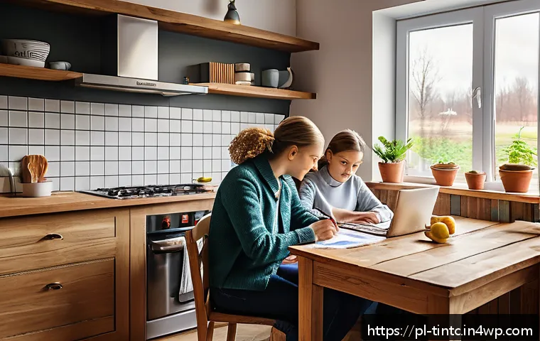 금융 독립을 위한 불확실성에 대한 준비 전략 - A modern Polish family sitting around a kitchen table, carefully planning their monthly budget using...